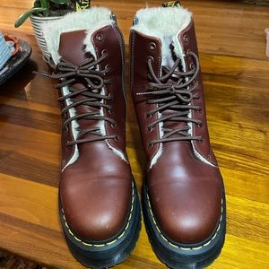 Fur-lined platform Dr Martens. Deep red leather color. Like new!